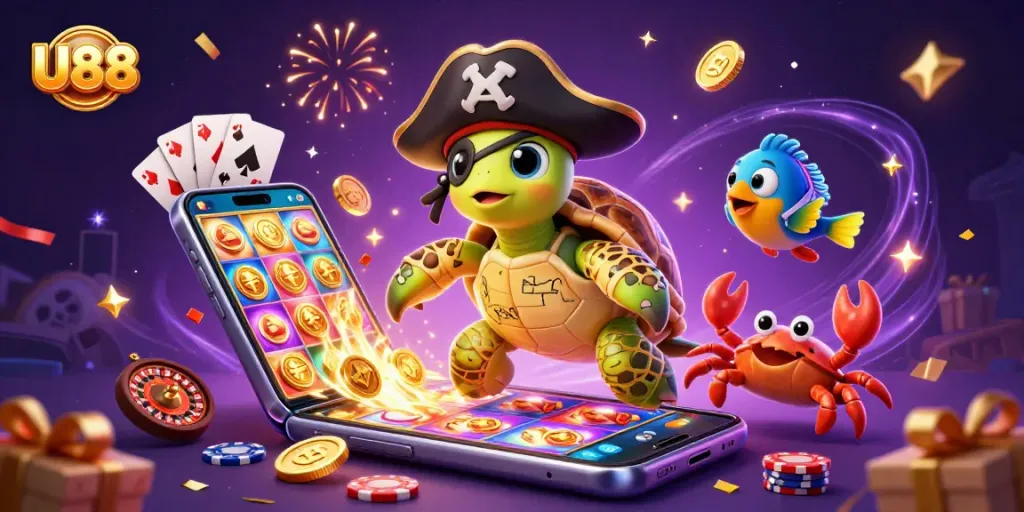 U88 delights players with a captivating 3D scene featuring a pirate turtle and treasure amidst casino elements.