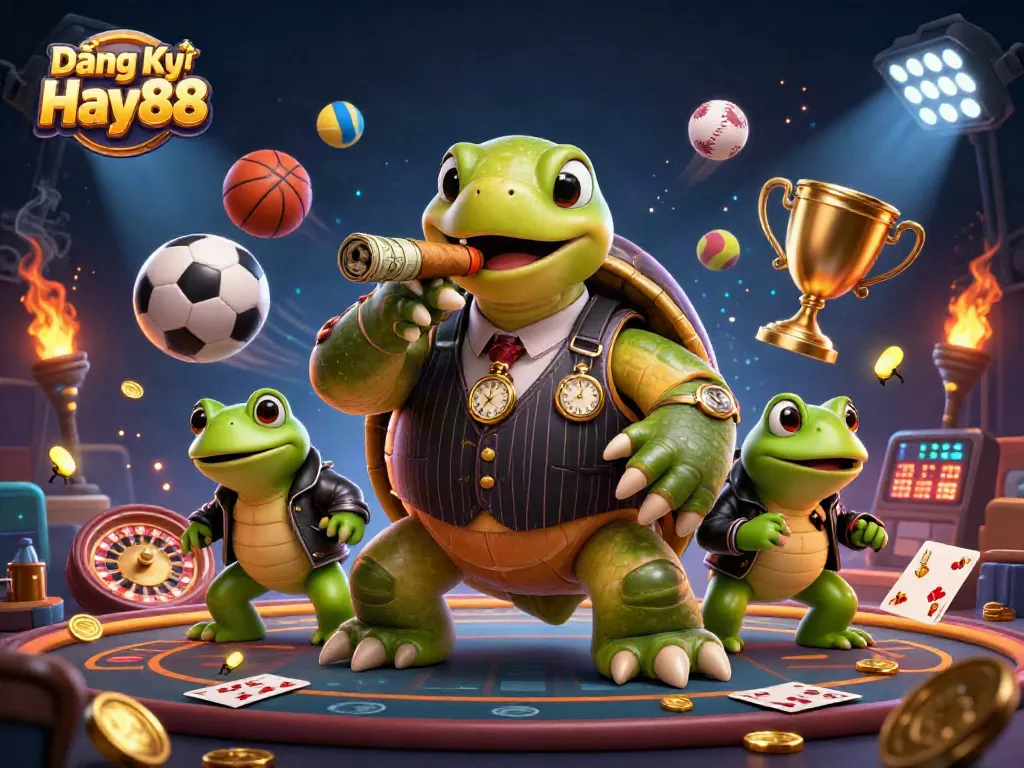 Join the excitement at Đăng Ký Hay88, where a massive snapping turtle and bullfrog enforcers light up the casino vibe.