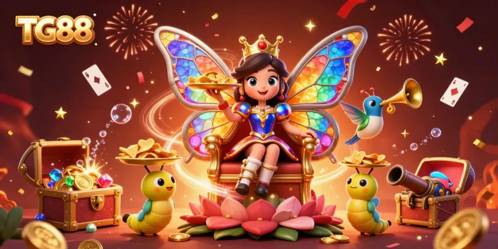 Experience the vibrant world of TG88 with a dazzling butterfly queen and rich casino elements.