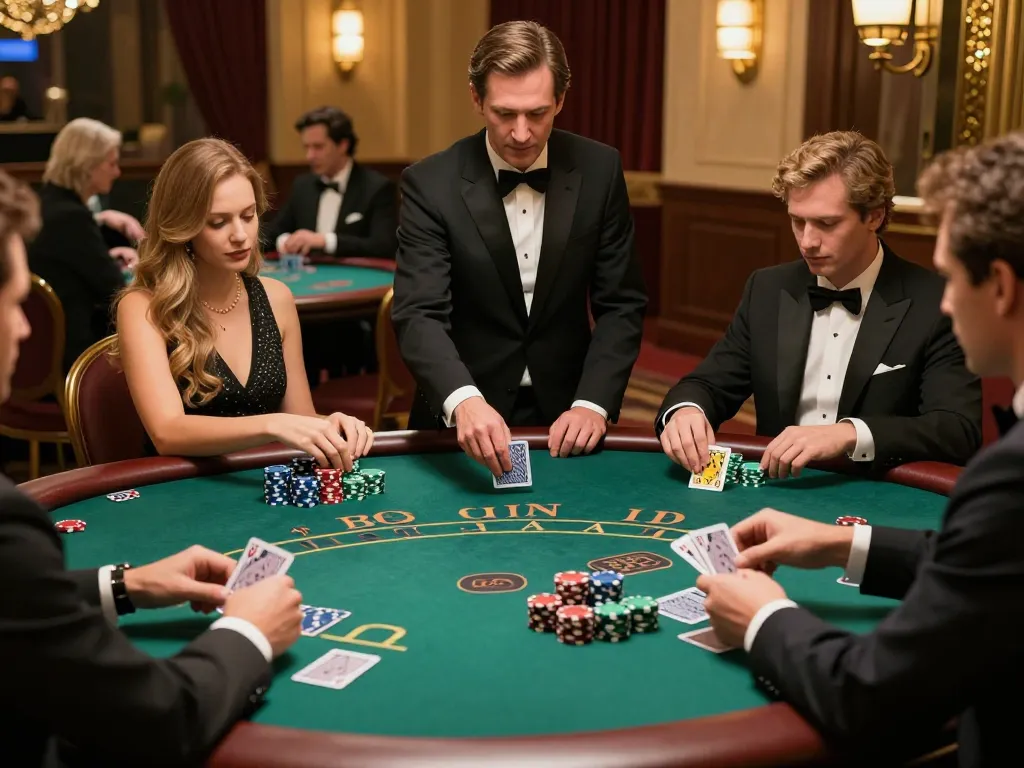 Players at 75W casino engage in an exciting blackjack game with chips and cards.