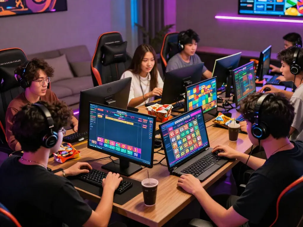 Jogadores envolvidos em jogo de loteria online Javatoto, expressões focadas e ambiente vibrante.