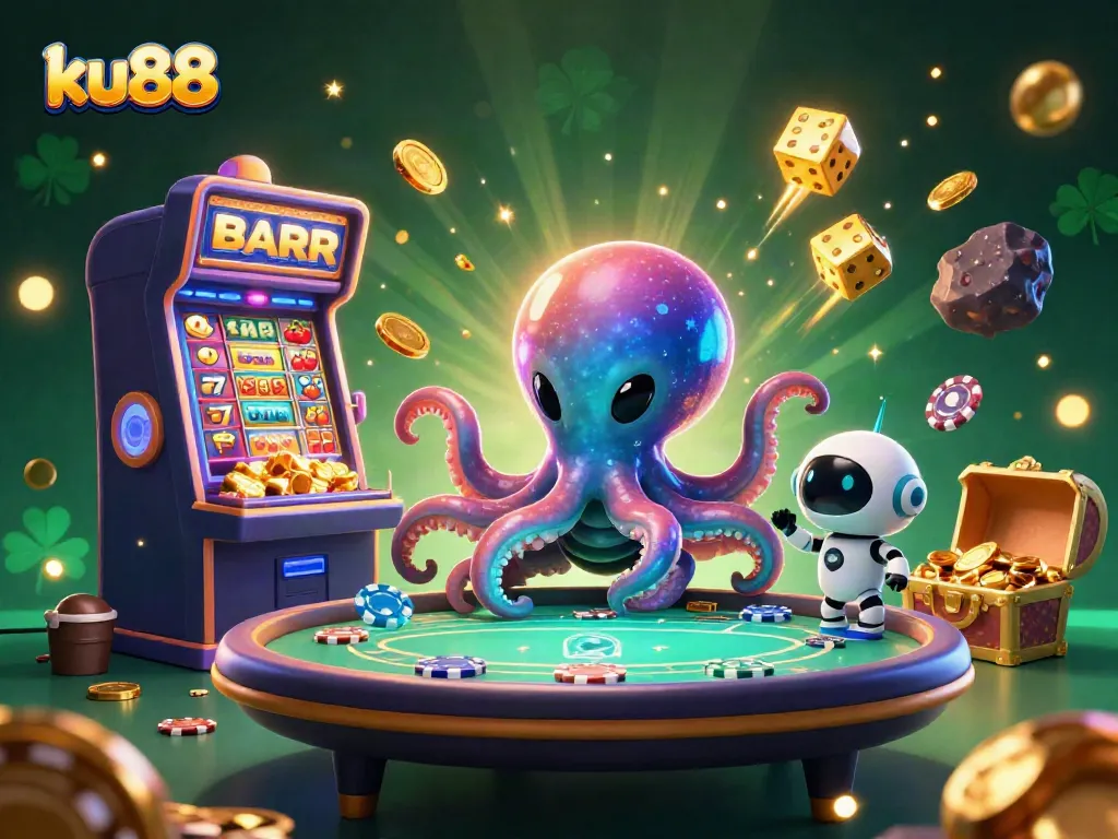 Experience thrilling gameplay at ku88 with a vibrant 3D alien casino scene featuring an excited octopus and robot.