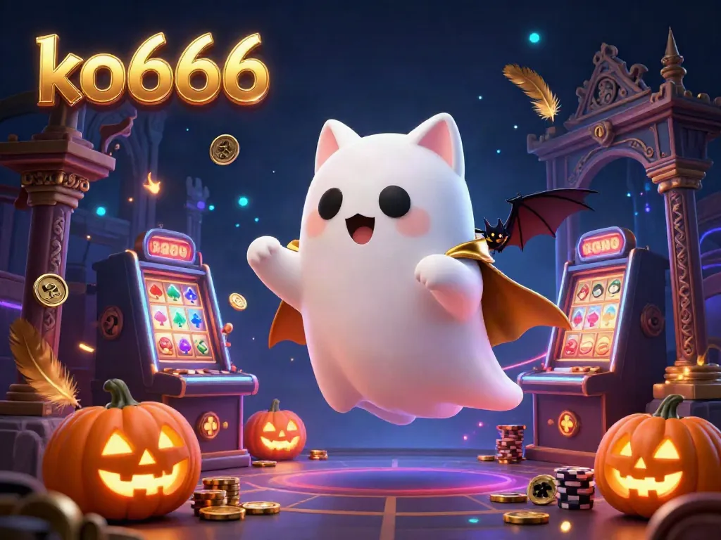 Engage with the enchanting atmosphere of ko666 in a haunted casino scene featuring a ghost cat and magical elements.