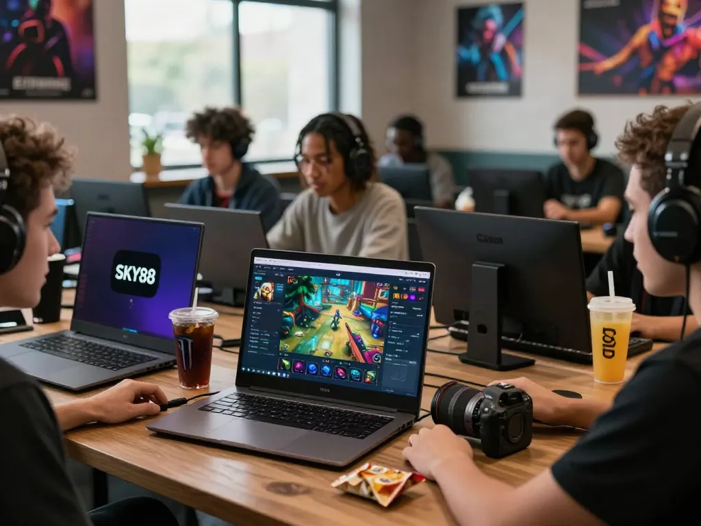 Players enjoying diverse games on the SKY88 platform in a vibrant gaming lounge.