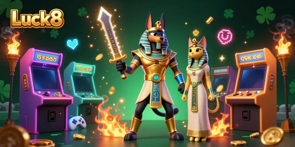 Experience the exciting gameplay at Luck8 with Anubis and Bastet amidst vibrant casino-themed visuals.