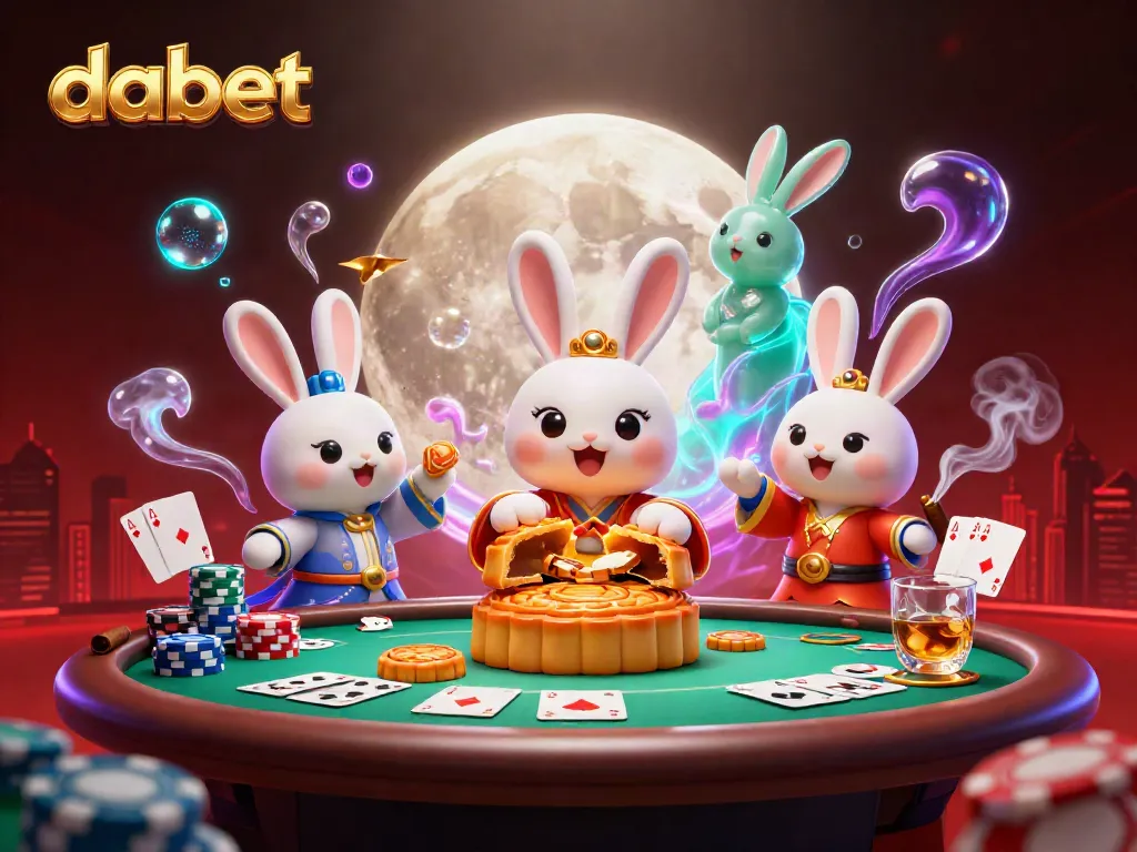 Dabet showcases a unique 3D cartoon illustration of a moon rabbit, celebrating gaming with poker elements.