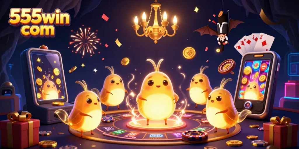 Experience thrill at 555win com with vibrant glowworms illuminating a dynamic casino scene.
