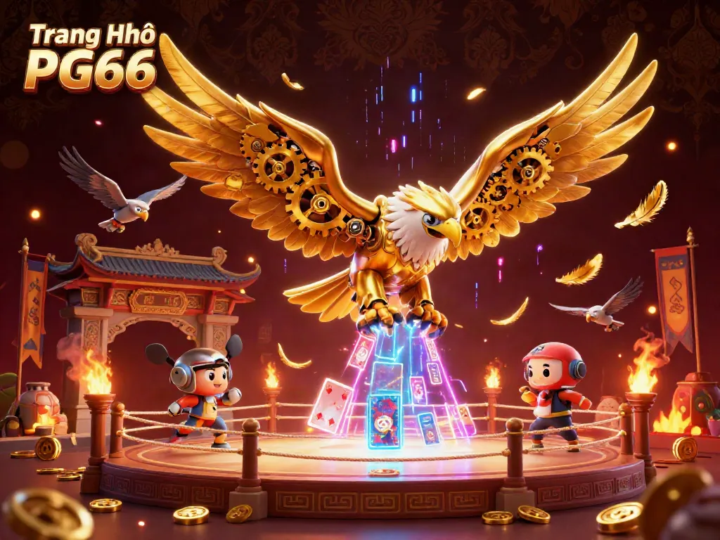 Experience the thrill of Trang Chủ PG66 with an energetic 3D illustration of a golden eagle and holographic playing cards.