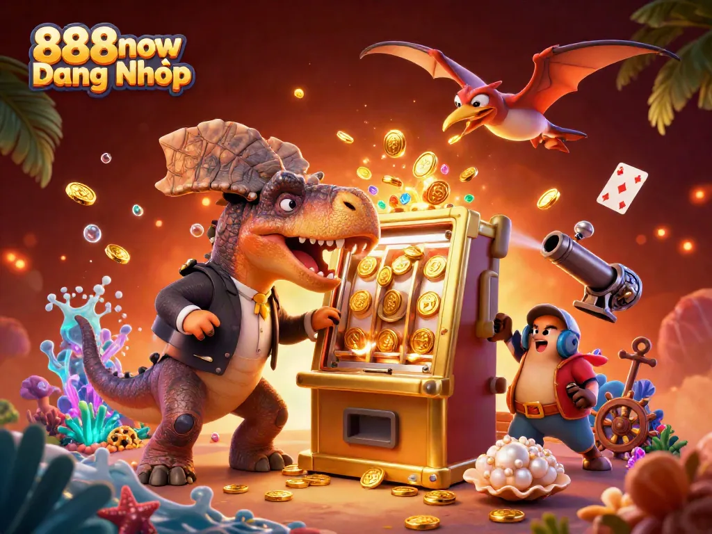 Win big at 888now Đăng Nhập while a pachycephalosaurus triggers a jackpot payout amidst gold coins.