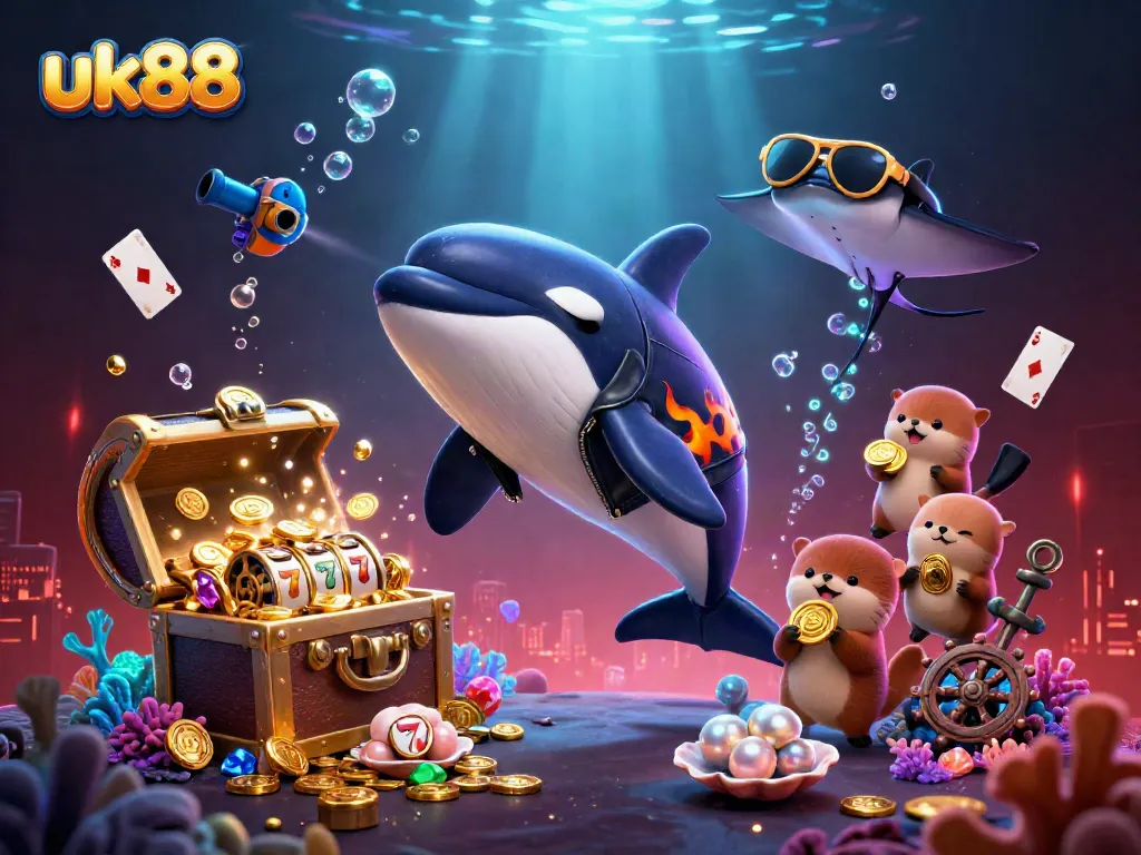 Win big with uk88's exciting 3D casino illustration featuring vibrant games and underwater treasures.