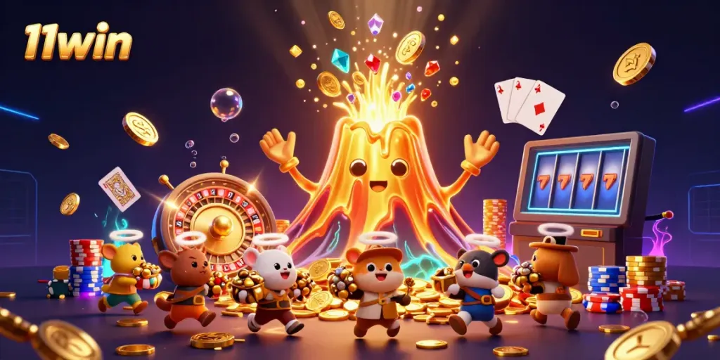 Join the excitement at 11win with a lively casino scene of treasure and vibrant game elements.