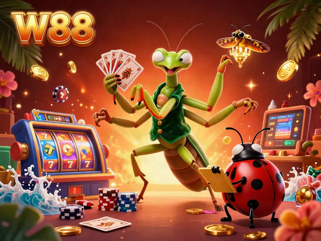 Experience thrilling moments at W88 with a vibrant casino setting featuring dynamic characters and exciting gaming elements.