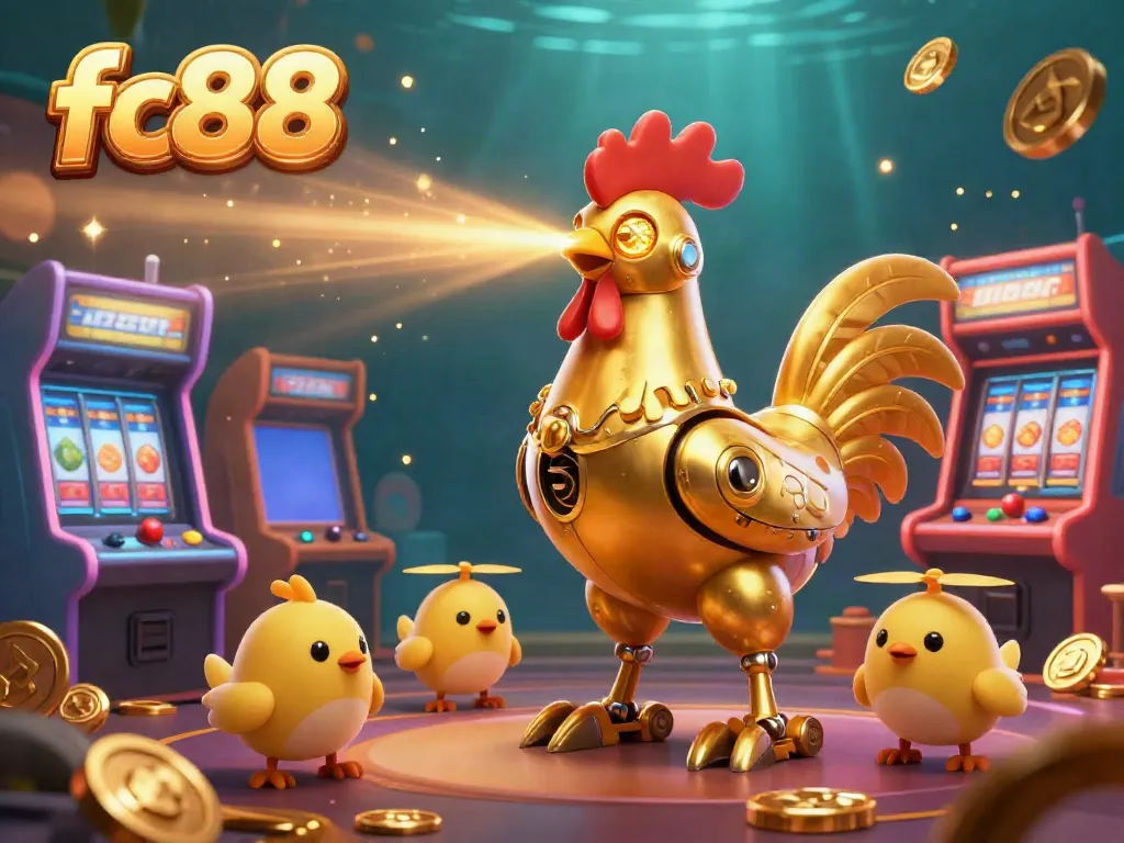 Engaging scene of fc88's golden rooster robot and drones amidst vibrant casino game elements, showcasing lively gameplay.