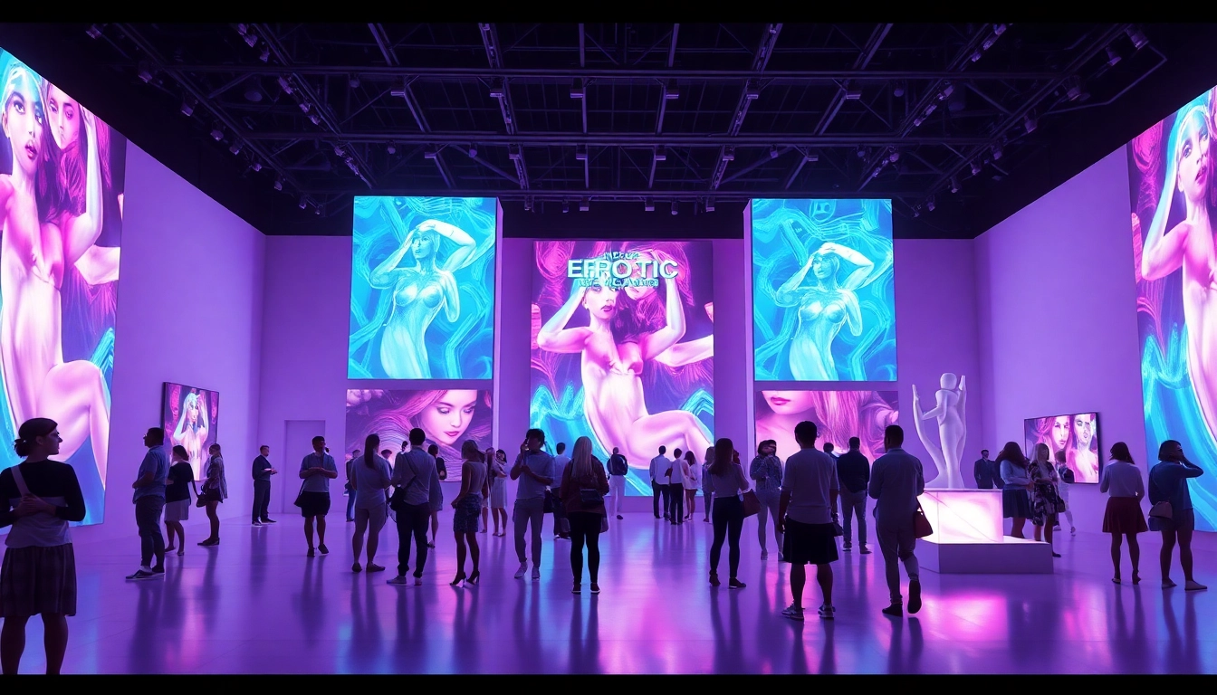 Futuristic art gallery featuring AI porn visuals and diverse viewers.