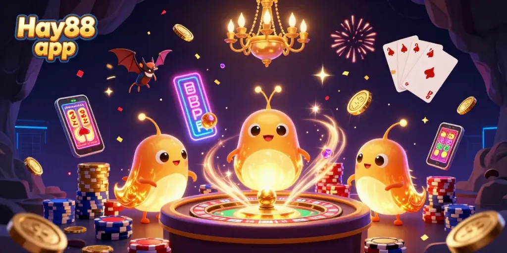 Play and win exciting games with the Hay88 app featuring glowing characters in a vibrant casino.