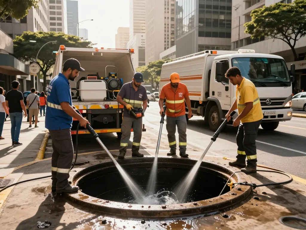 Limpa fossa em São Paulo with professional team cleaning septic tank, showcasing advanced technology and urban setting.