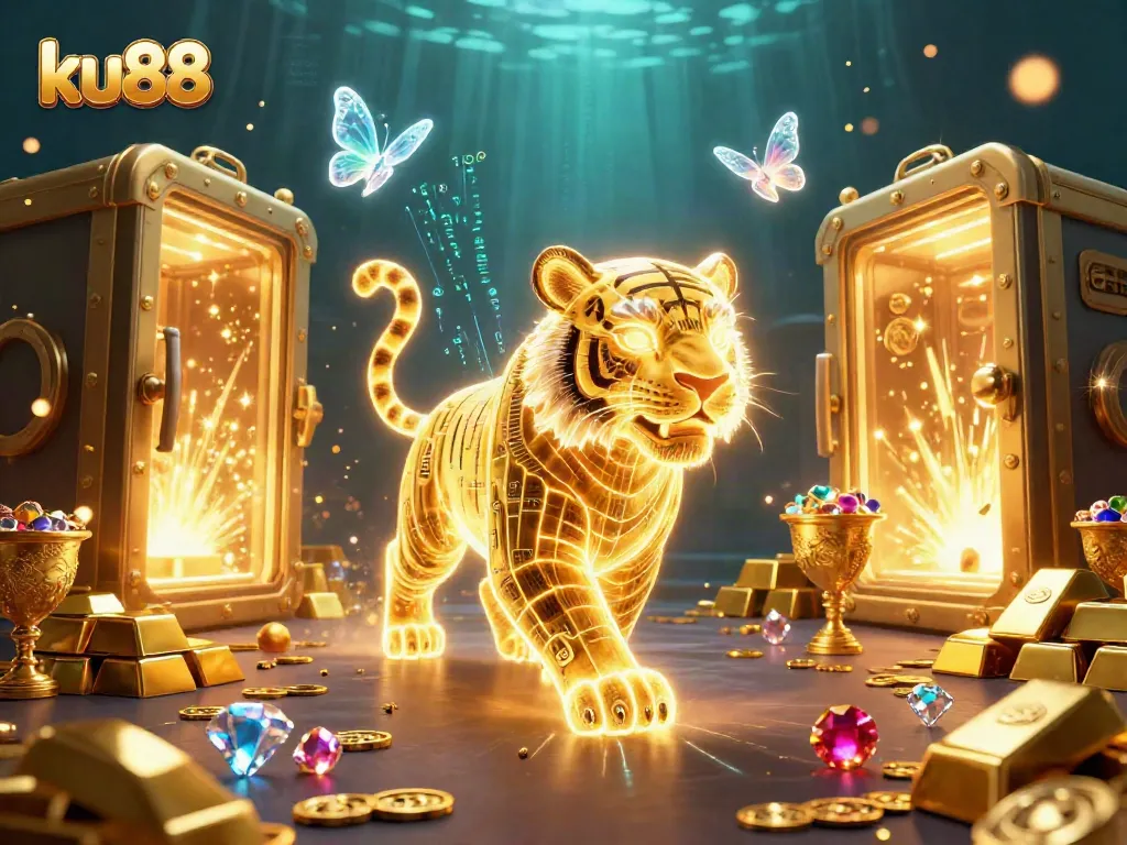 Engage with the thrilling ku88 universe featuring a radiant tiger in a digital casino landscape.