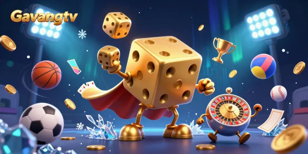 Experience the thrill of sports betting with Gavangtv's colorful 3D gambling scene featuring dynamic sports elements.