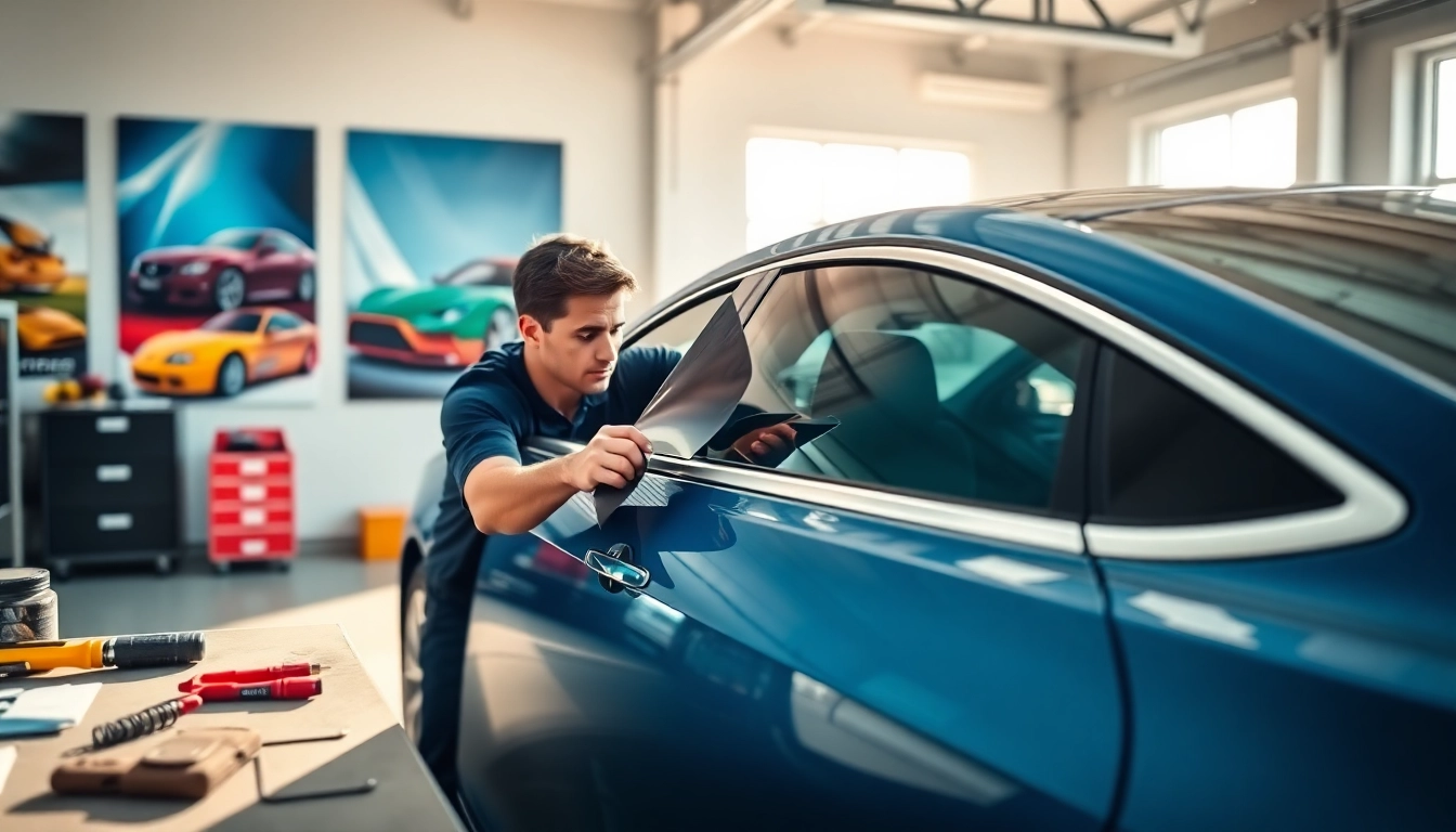 Enhance your vehicle with a professional window tint near me, showcasing a technician at work.