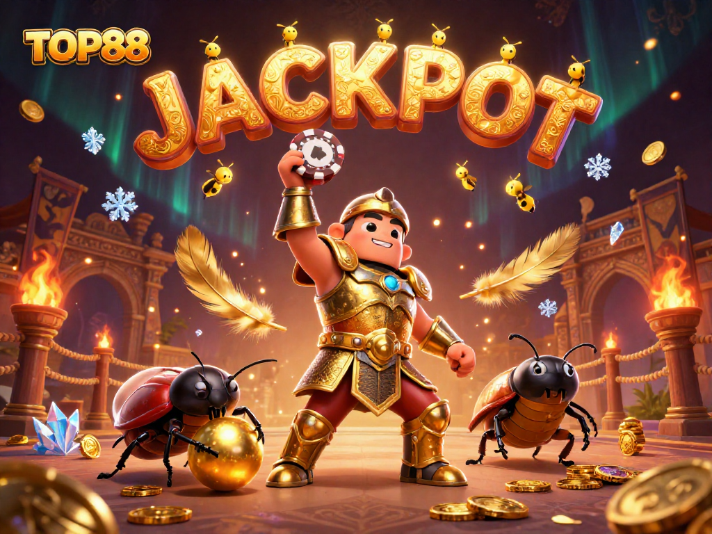 TOP88's hercules beetle triumphs in a golden arena with jackpot celebrations.