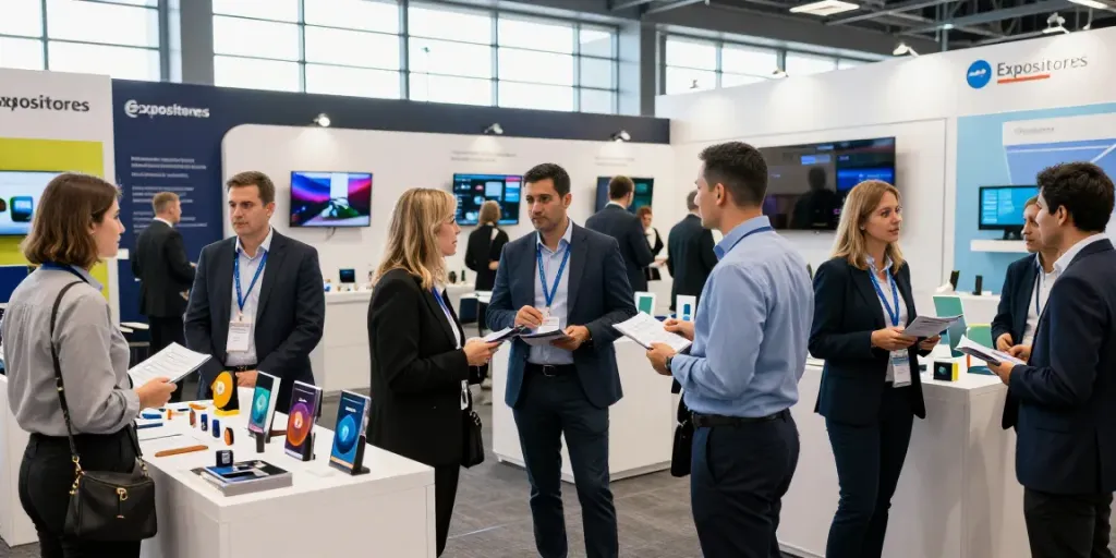 Expositores conference scene with professionals networking at vibrant exhibition booths.