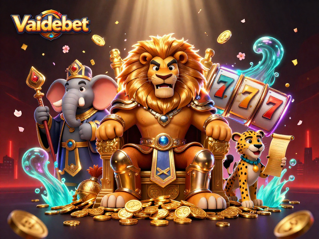 Experience winning at Vaidebet with a majestic lion king surrounded by dynamic casino elements.