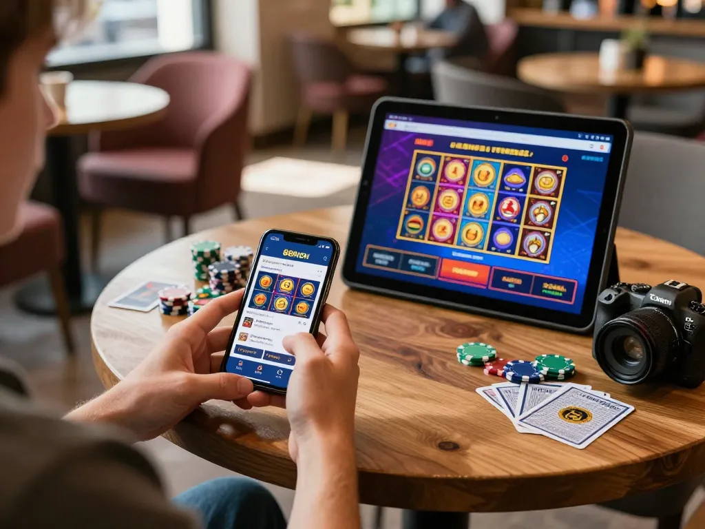 Engaging online gamer using 888NEW app for mobile slot gameplay in a cozy café setting