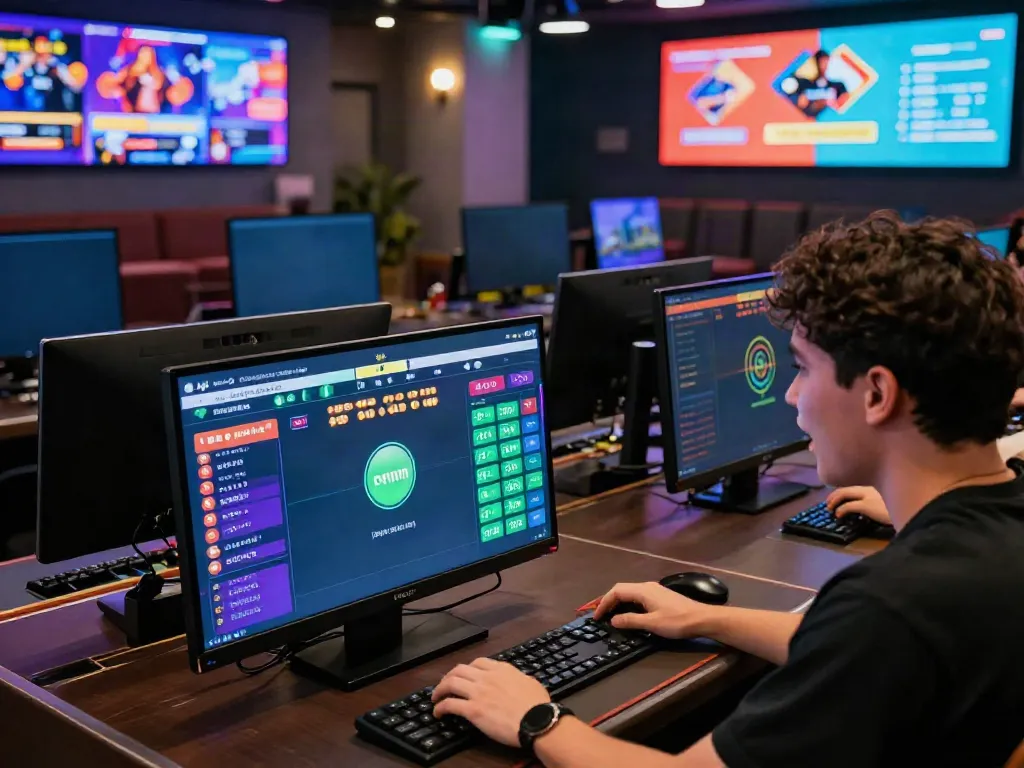 Engaged player using nbet platform for live sports betting in a vibrant gaming lounge.