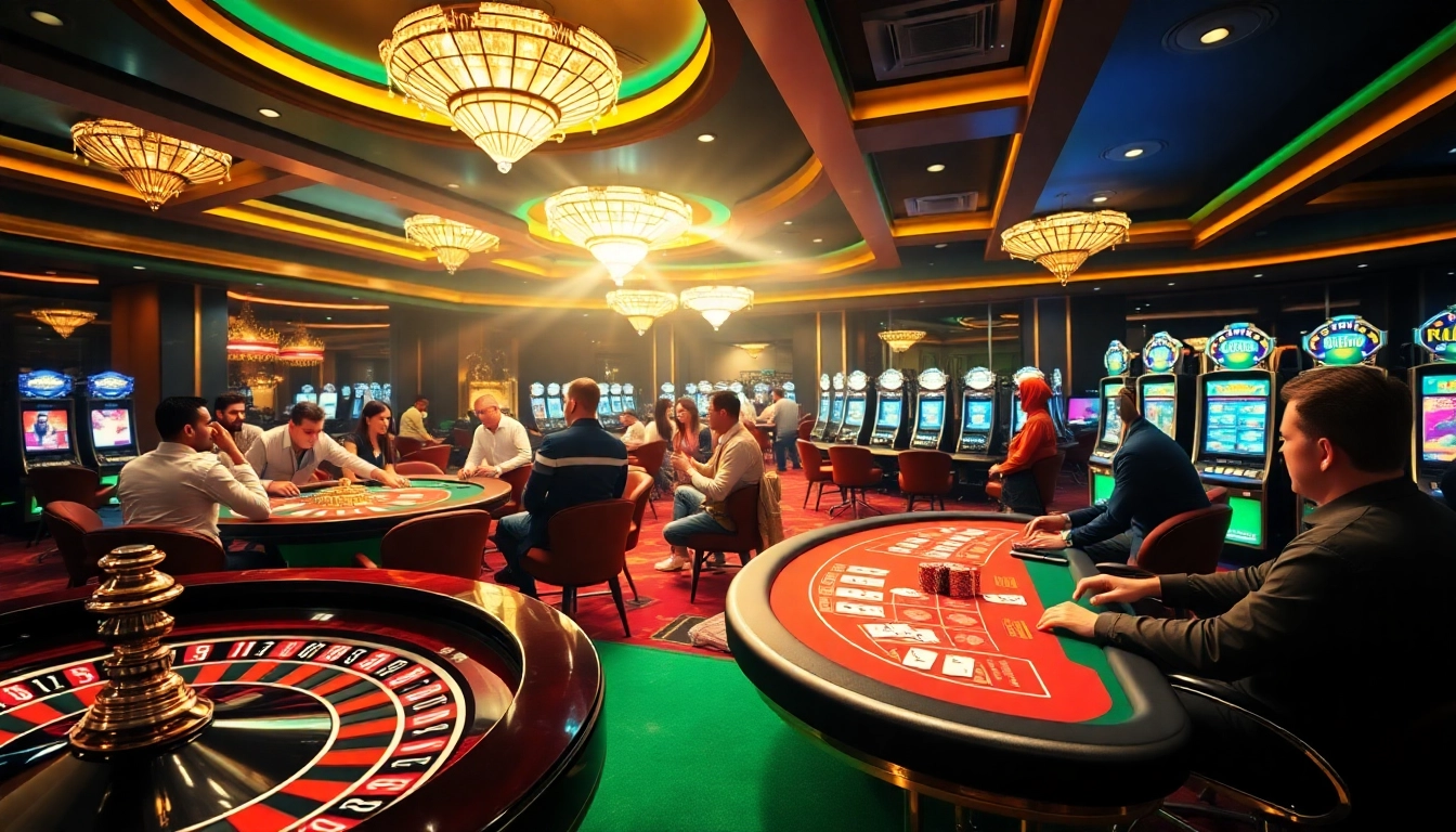 Players experience thrilling gaming action at mb66 casino with vibrant tables and slot machines.