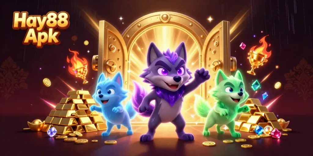 Engage with Hay88 Apk through dynamic casino elements surrounded by glowing treasures.