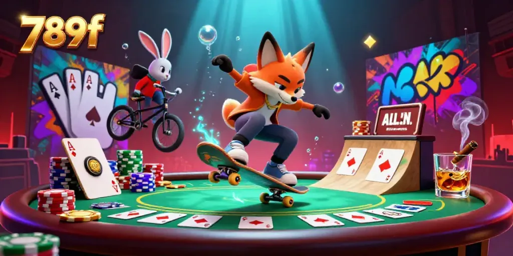 Experience thrilling gaming action with 789f's vibrant 3D illustration featuring casino symbols and energetic characters.