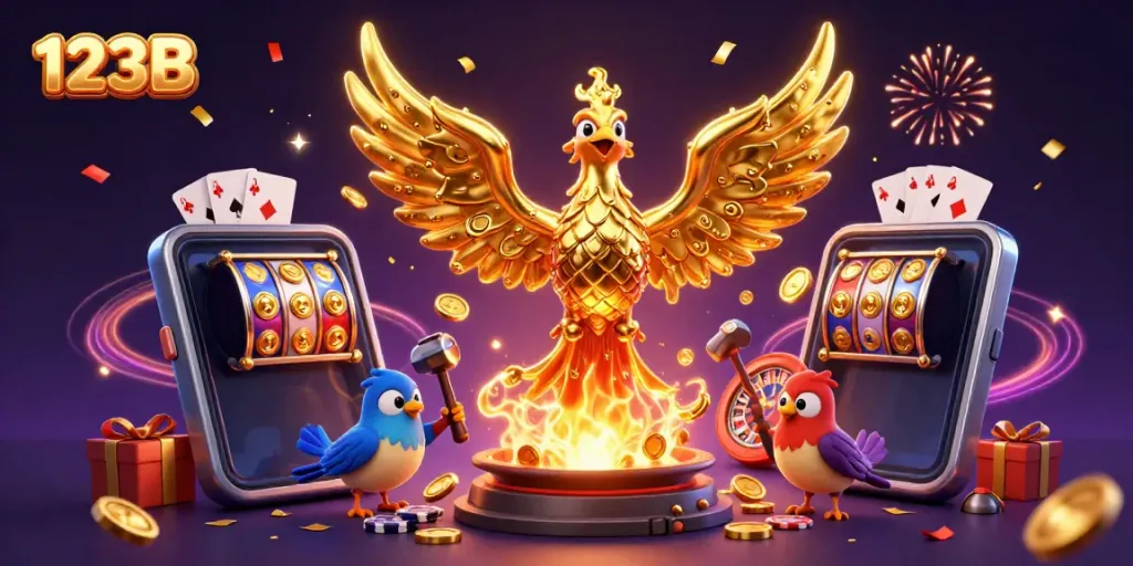 Experience the vibrant excitement of 123B with a golden phoenix symbolizing fortune amidst colorful casino elements.