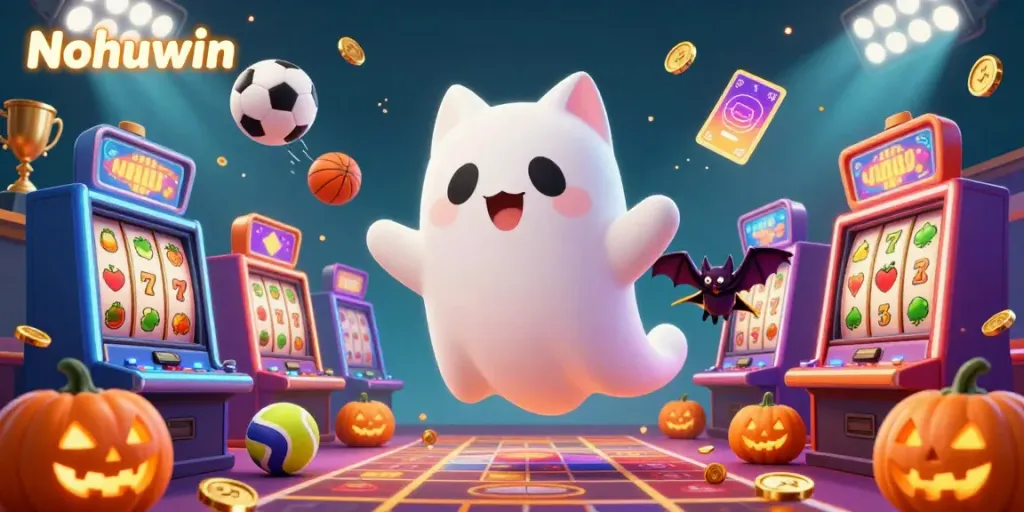 Nohuwin enhances your slot experience with a lively casino scene featuring a ghostly feline and vibrant gaming elements.