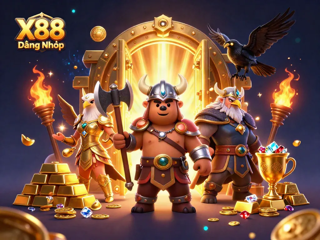 X88 Đăng Nhập showcases a vibrant gambling scene with Viking characters and treasure elements.
