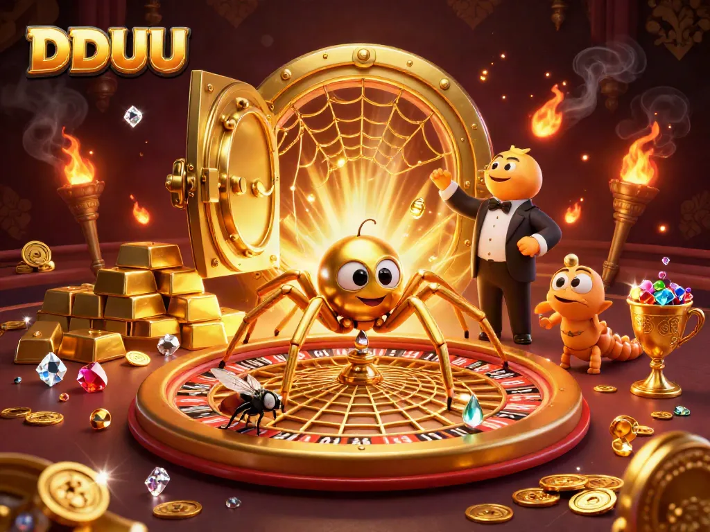 Place your bets with DDUU as a whimsical spider spins a roulette web in a festive casino setting.