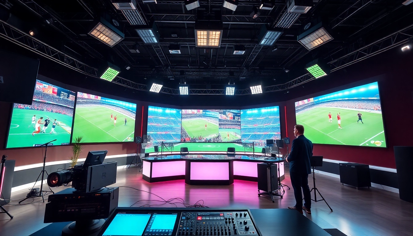 Engaging scene of sports broadcasting highlighting dynamic setups and professional equipment.