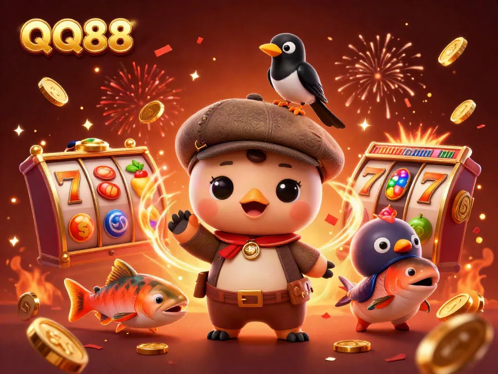 Spin and win with QQ88 featuring playful cartoon characters and dynamic slot game elements.