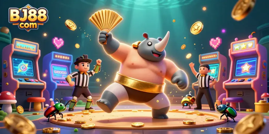Stomp for golden coins in BJ88 com with sumo beetles and vibrant arcade treasures.