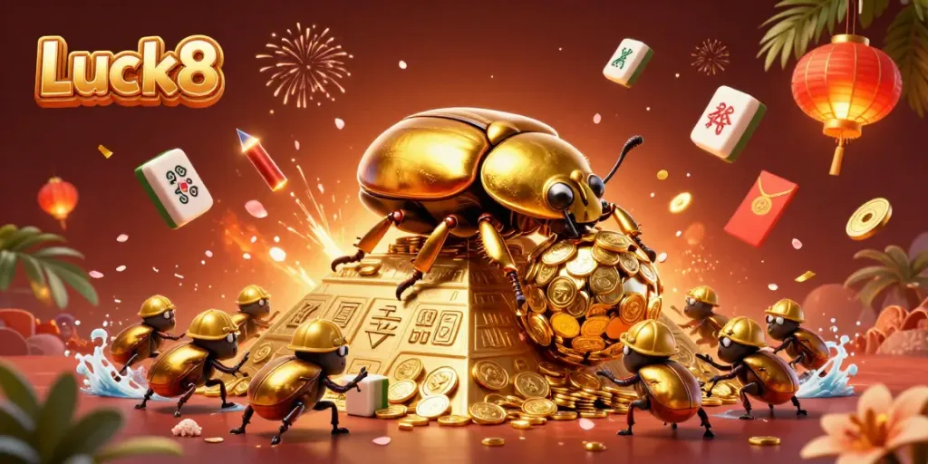 Luck8 features an illustrated golden beetle pushing coins, surrounded by festive gambling elements.