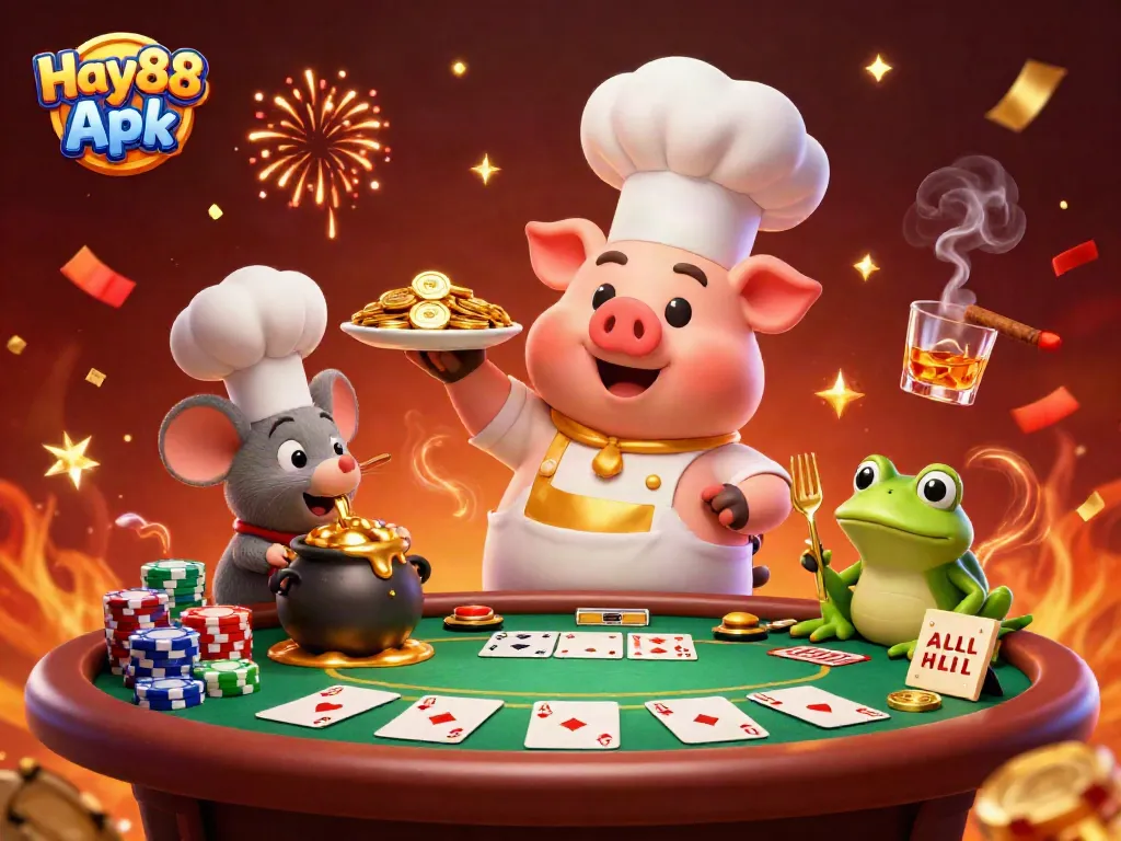 Experience Hay88 Apk with vibrant casino action featuring chef pig, sous-chef mouse, and critic frog.