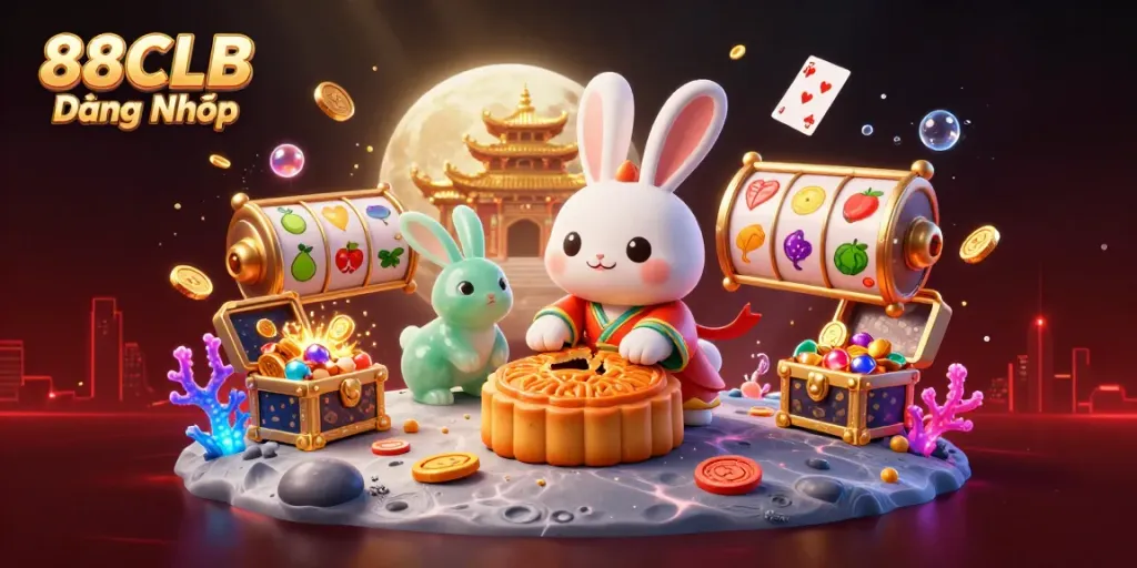 Engage with exciting games at 88CLB Đăng Nhập, featuring playful moon rabbits and vibrant casino elements.