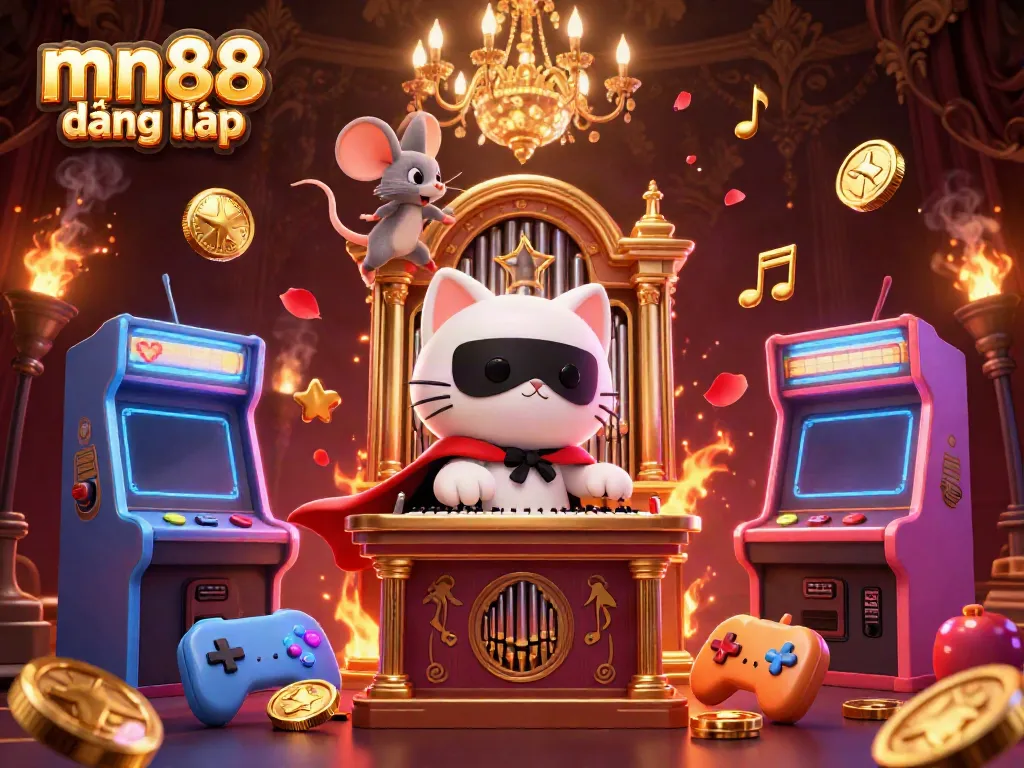 Experience a thrilling moment at mn88 đăng nhập with detailed casino art, showcasing a whimsical cat and dynamic game elements.