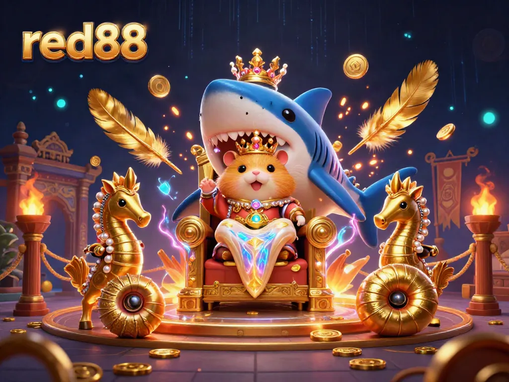 Experience the excitement of red88 with a dynamic scene featuring a fierce hamster king and underwater royal guards.
