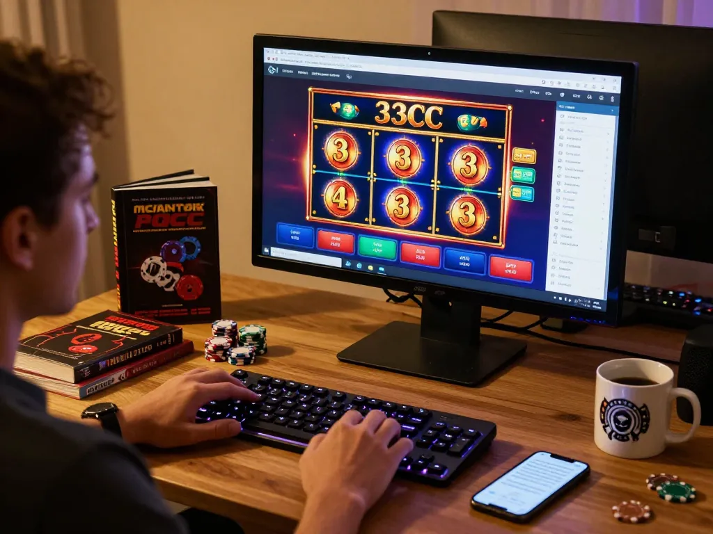 Engaging with a 33CC slot machine online, showcasing an immersive home gambling experience