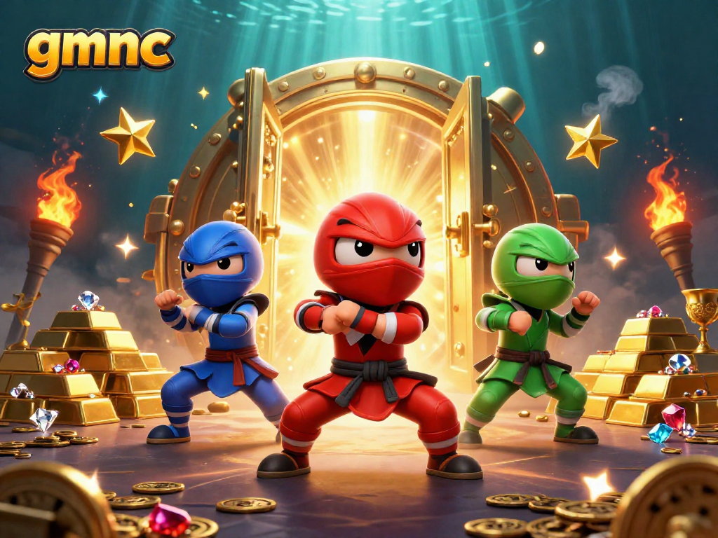 gmnc showcases a vibrant 3D casino scene with ninja chameleons, gold treasures, and dynamic gambling elements.
