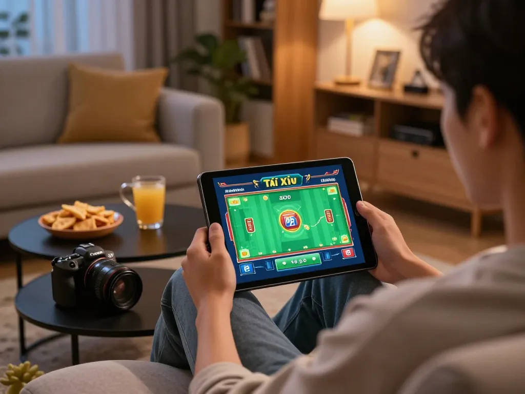 Engaging gameplay on taixiuonlinego tablet in a cozy home gaming setup