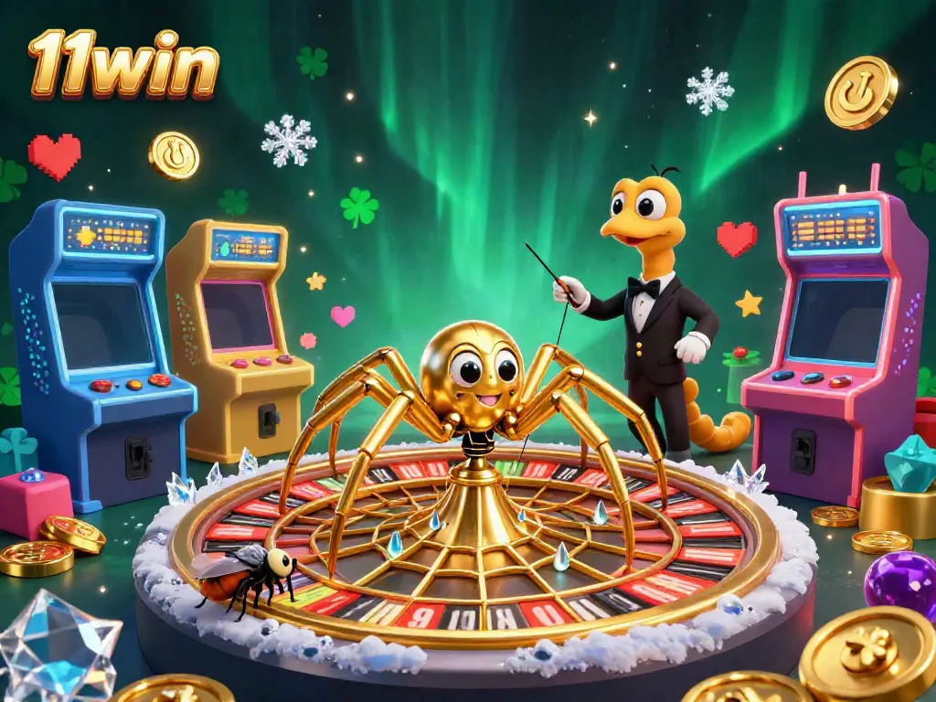 Experience high-stakes gaming with 11win, as a golden spider spins bets made on a roulette wheel.