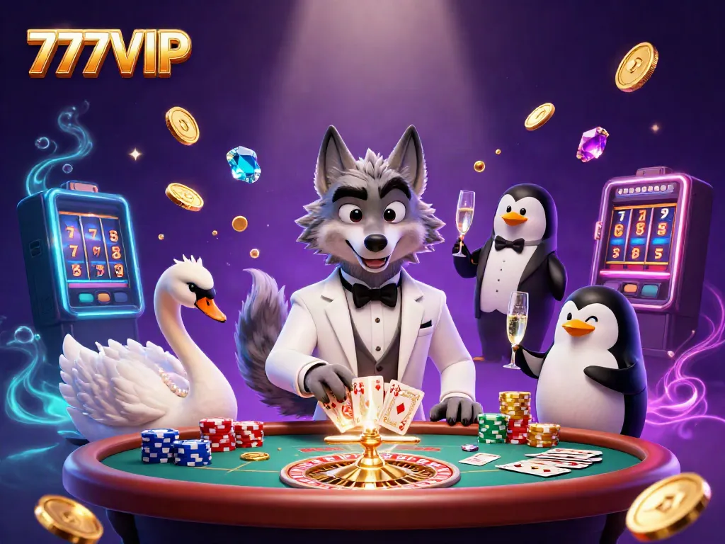 Engage with 777VIP as a debonair wolf and elegant swan play cards in a vibrant casino scene.