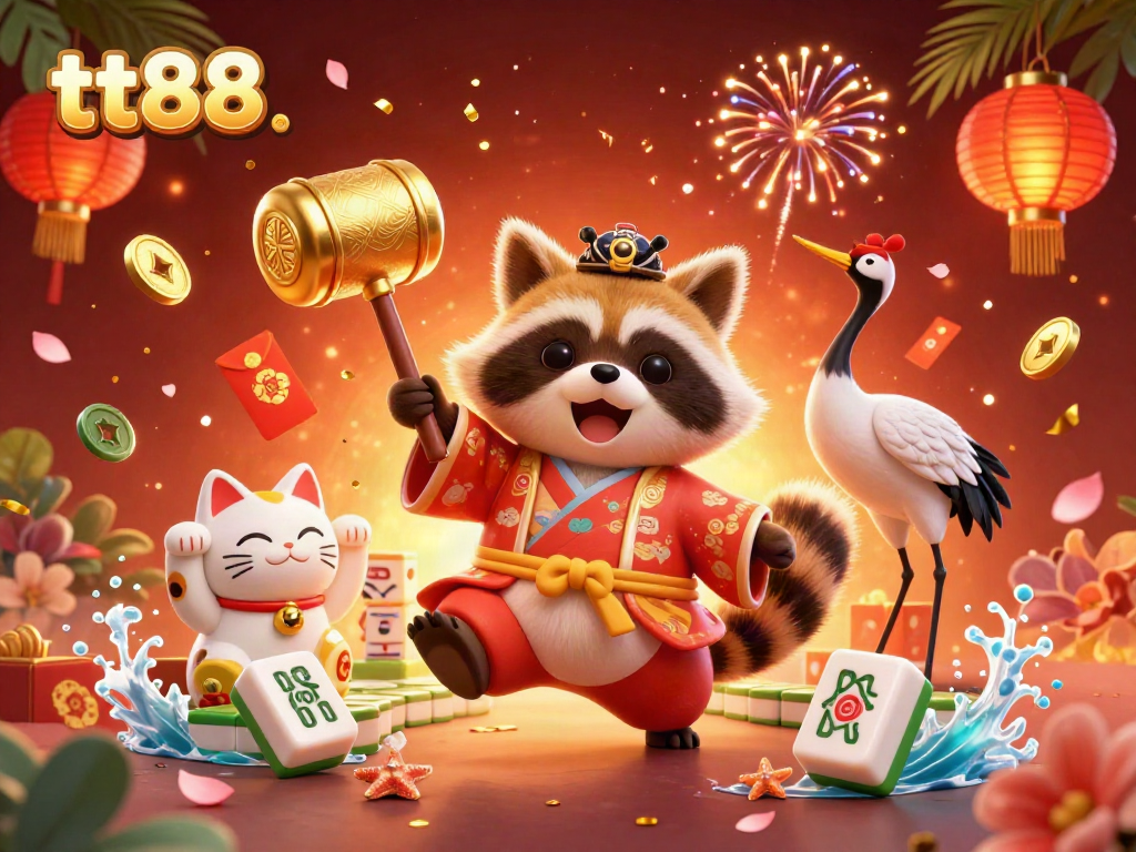 Engage with the vibrant world of tt88 through a magical 3D illustration showcasing festival characters, rich casino elements, and festive decor.