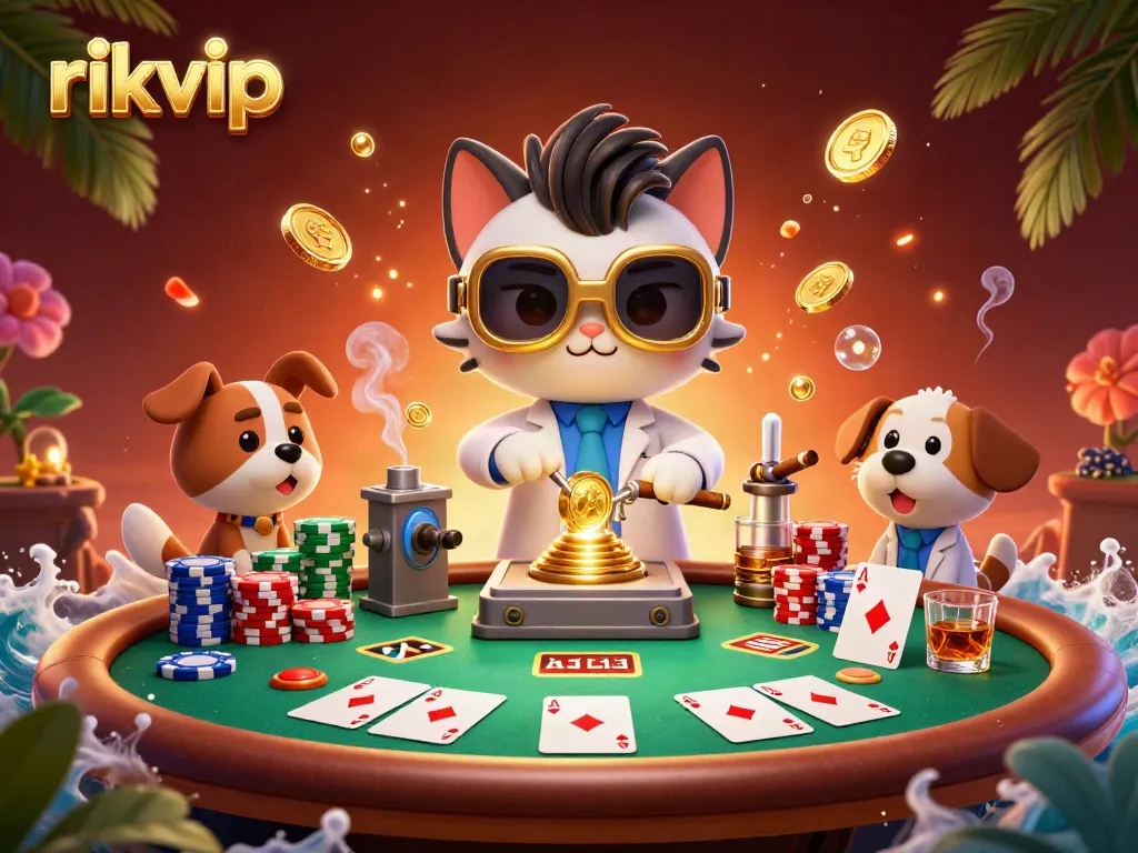 Experience thrilling gaming action with rikvip in a vibrant casino setting filled with poker excitement and lively characters.